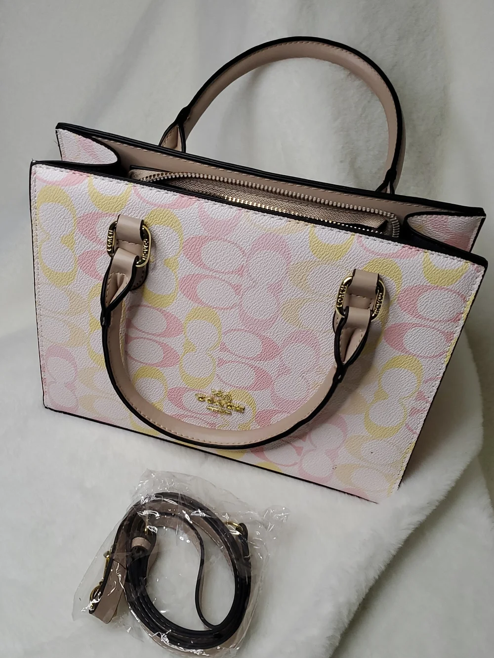 Pastel Pink and Yellow Signature Satchel with Gold Hardware